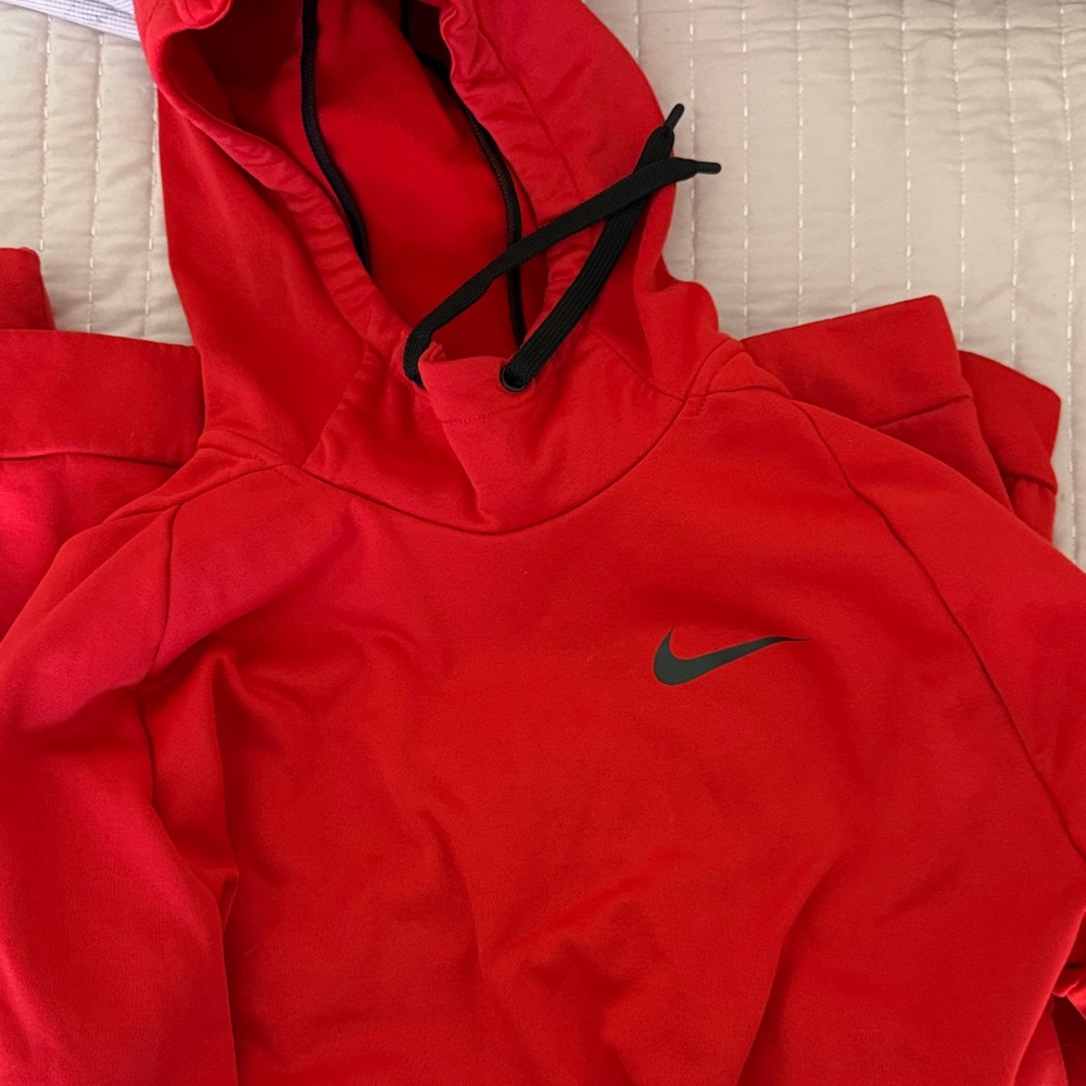 Nike Red Pullover Hoodie with Black Swoosh & Drawstrings